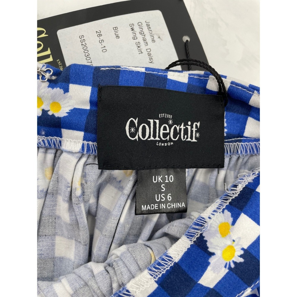 Collectif Women Skirt Jasmine Swing Gingham Daisy Blue White Cotton Blend Small - Picture 3 of 7